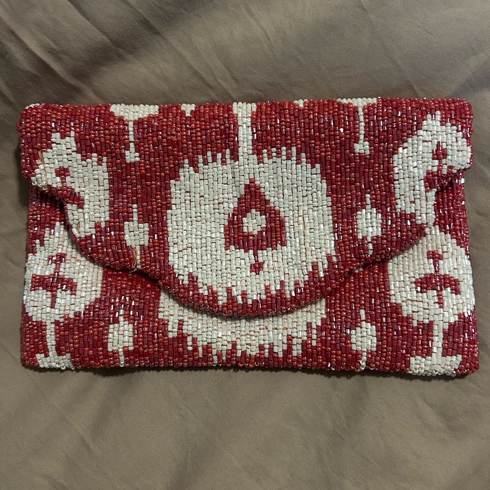 Moyna Red and Cream Beaded Clutch